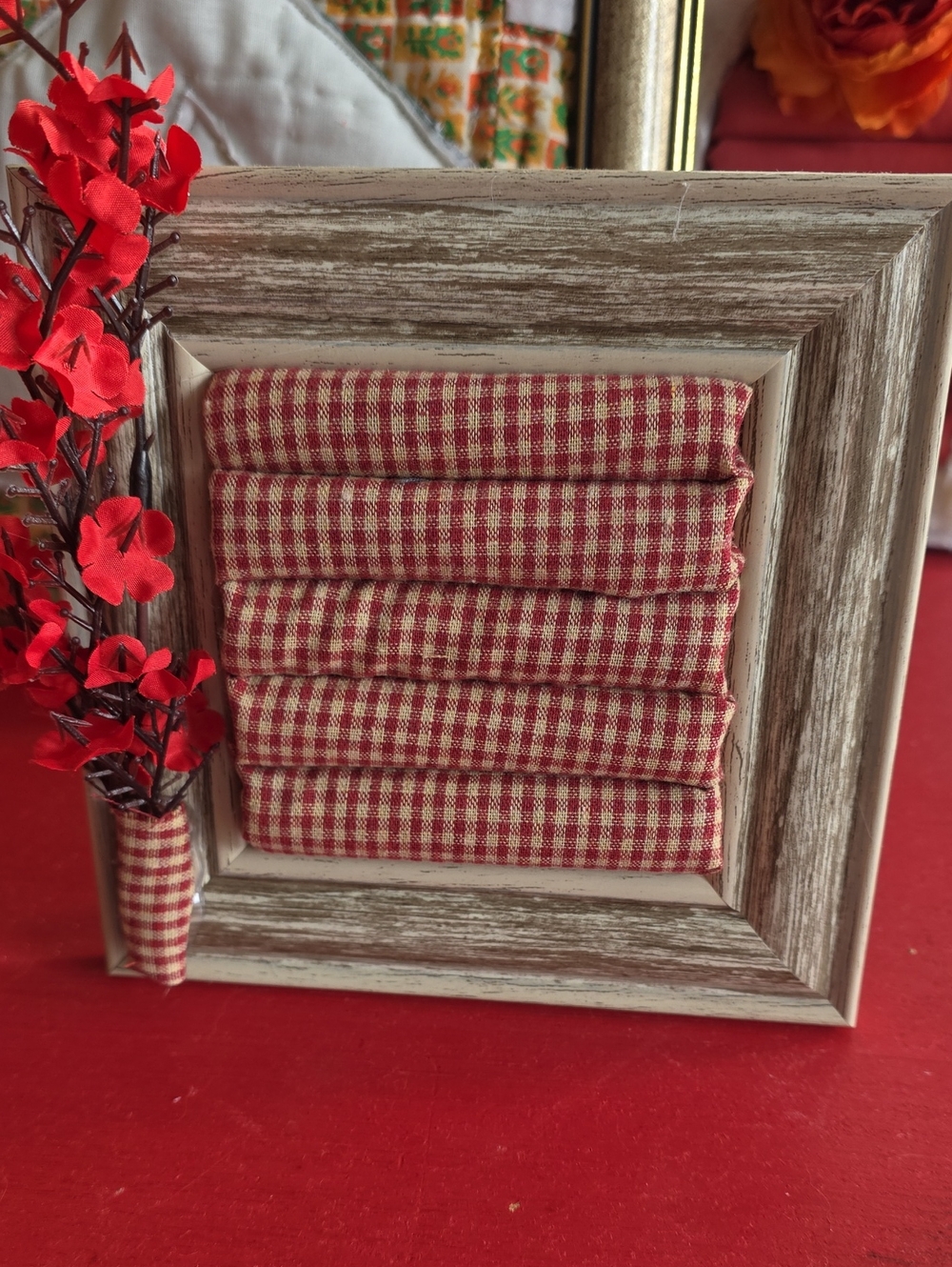 Rustic Red Fabric Ring Holder In Frame